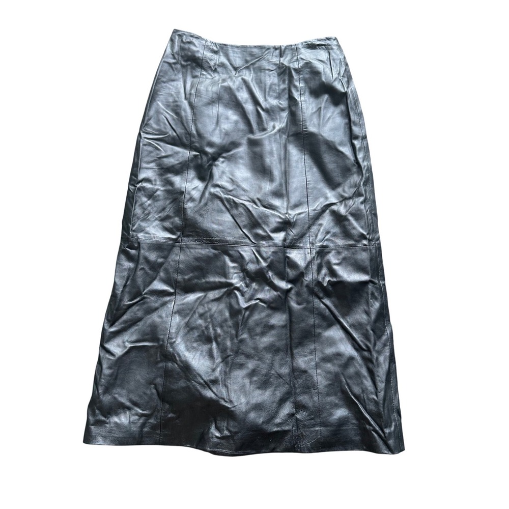 Excelled goth Black Leather Midi Skirt High Waisted Paneled 100% Leather S vtg